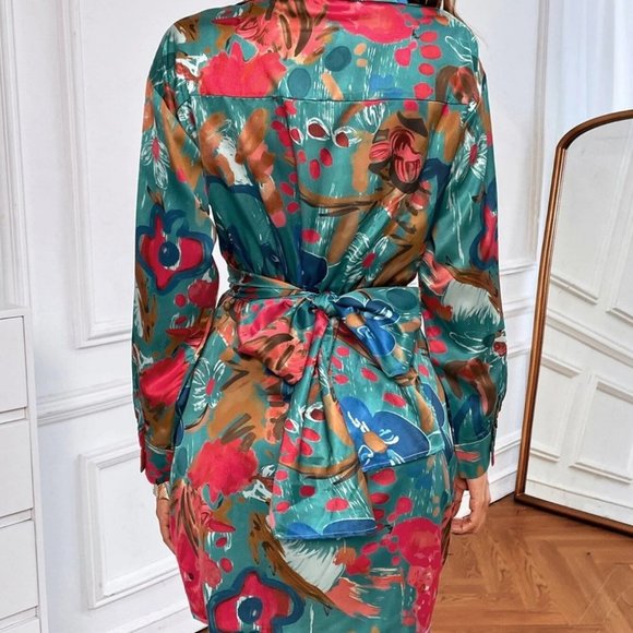 Multicolor Casual Womens Floral Print Tie Back Shirt Dress - Picture 5 of 5